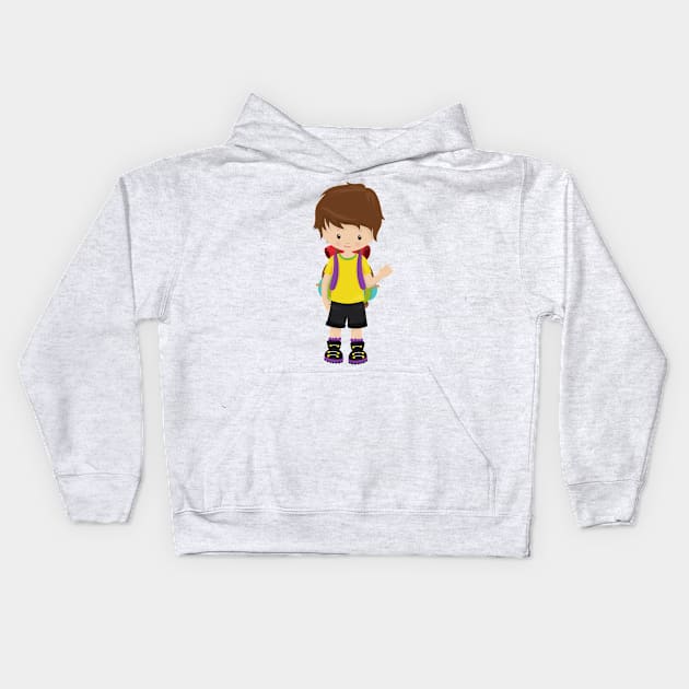 Camping, Campers, Cute Boy, Brown Hair, Backpack Kids Hoodie by Jelena Dunčević